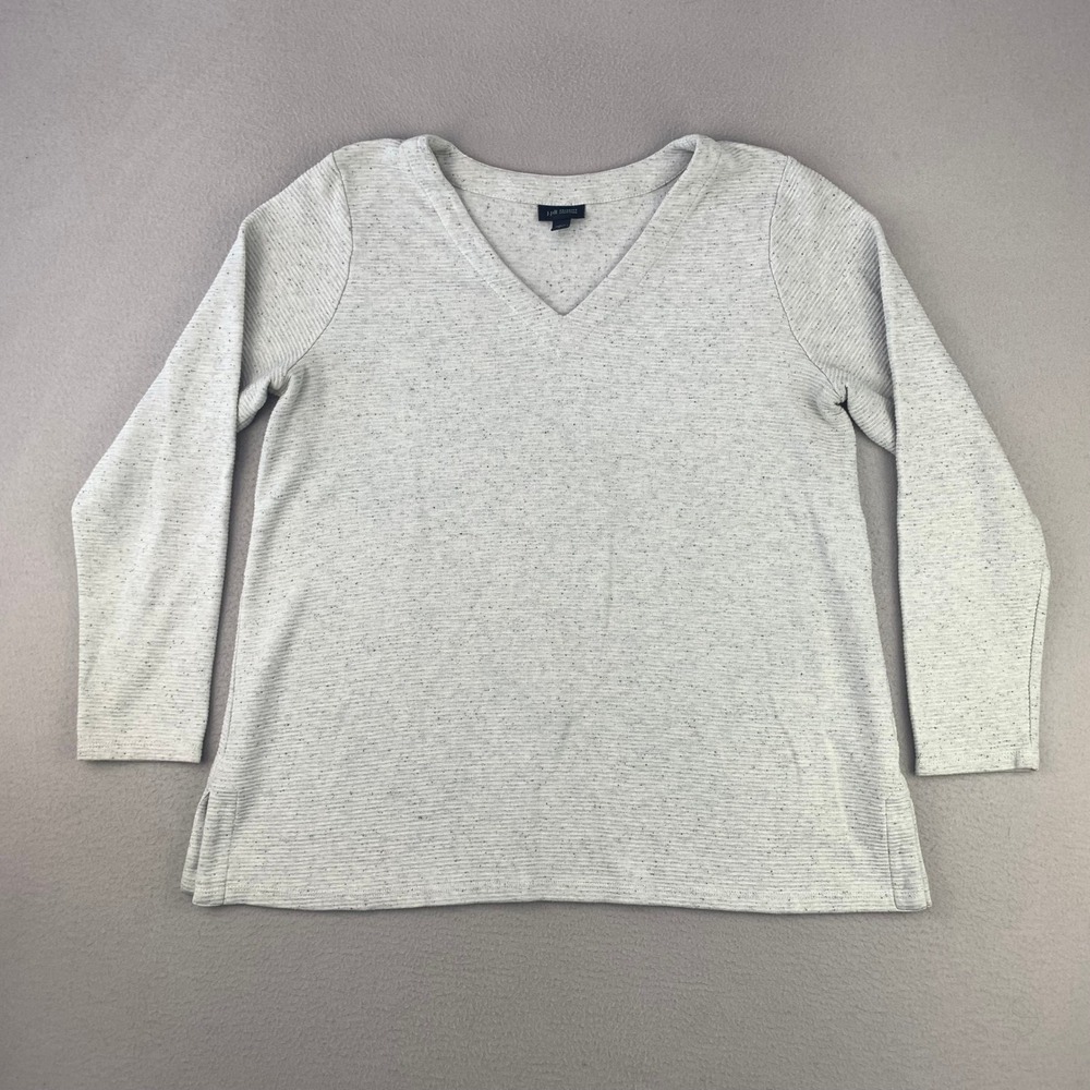 J.Jill Top Women L Gray V-Neck Ribbed Knit Long Sleeve Cotton Minimalist Office